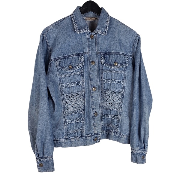 Vintage Saint Germain Blue Chambray Jacket Sz L ? Crotchet Button Up Jean Denim - Picture 1 of 12